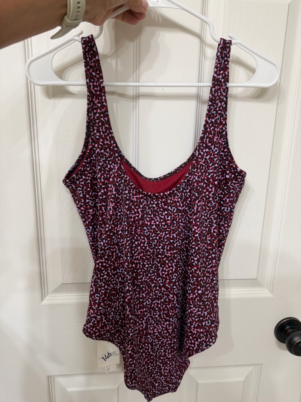 Amazon Essentials Women's One-Piece Swimsuit in Burgundy and Pink Print